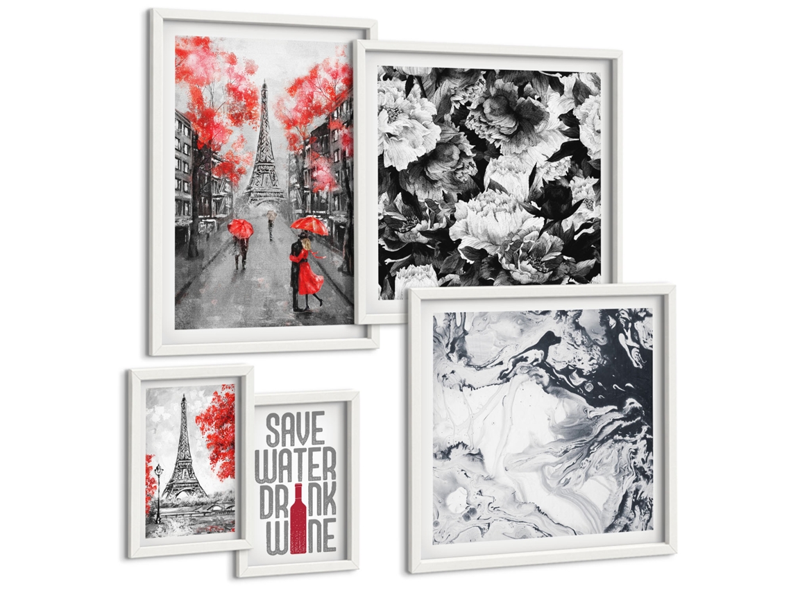 Um Conjunto De Imagens Decorativas Em Uma Moldura Torre Eiffel, Pinturas Cinza Moldura Branca Pinturas De Quarto Espelharte (conjunto De 5 Imagens)