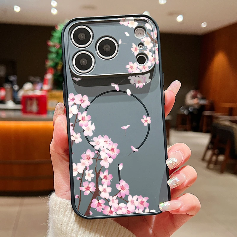 Capa Magnética Rígida Para Iphone 16 Com Estampa Floral Rosa (preta).