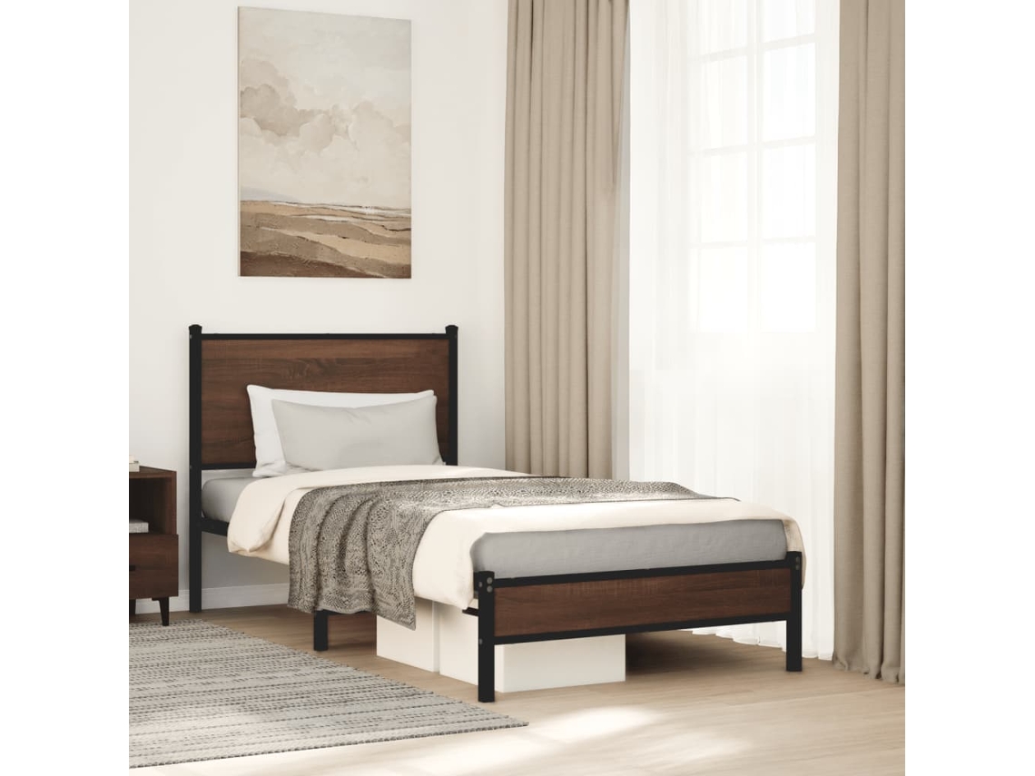 Vidaxl Estrutura De Cama Sem Colchão 75x190 Cm Metal Carvalho Castanho