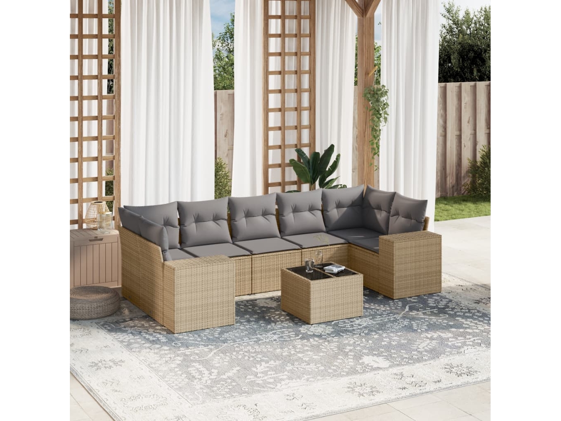 Vidaxl 8 Pcs Conjunto De Sofás P/ Jardim Com Almofadões Vime Pe Bege