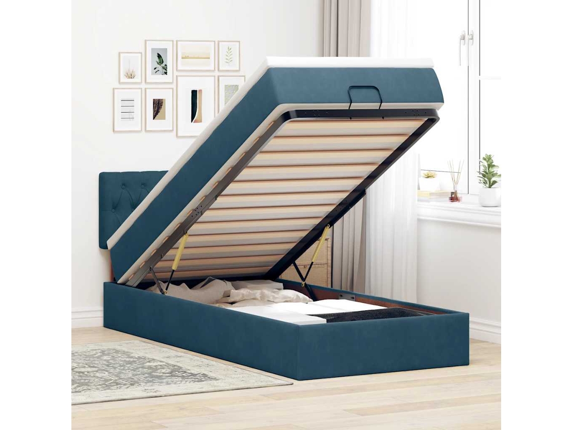 Vidaxl Estrutura De Cama Otomana Com Colchão Azul Escuro Veludo