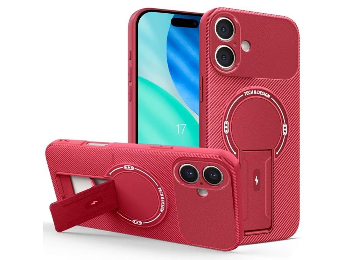 Capa Para Celular - Booling - Para Iphone 17 - Silicone Macio Com Círculo Magnético E Suporte Vermelho