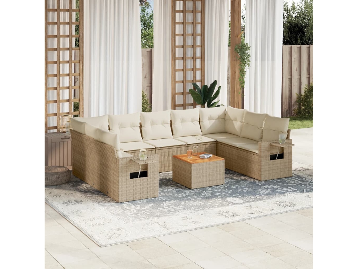 Vidaxl 10 Pcs Conjunto De Sofás P/ Jardim Com Almofadões Vime Pe Bege