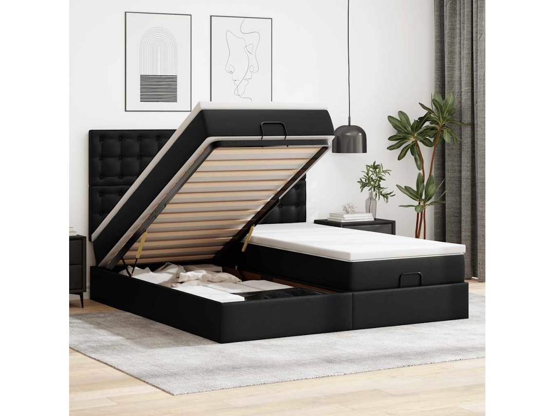Vidaxl Estrutura De Cama Otomana Com Colchões Pele Artificial Preta
