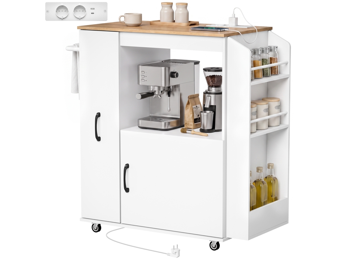 Carrinho De Cozinha Com Tomada Elétrica, Móvel Com Rodas, Branco
