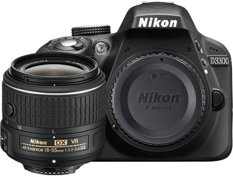 Kit Máquina Fotográfica Reflex NIKON D3300 + AF-S DX NIKKOR 18-55mm (Preto - 24.2  MP - ISO: 100 a 25600)