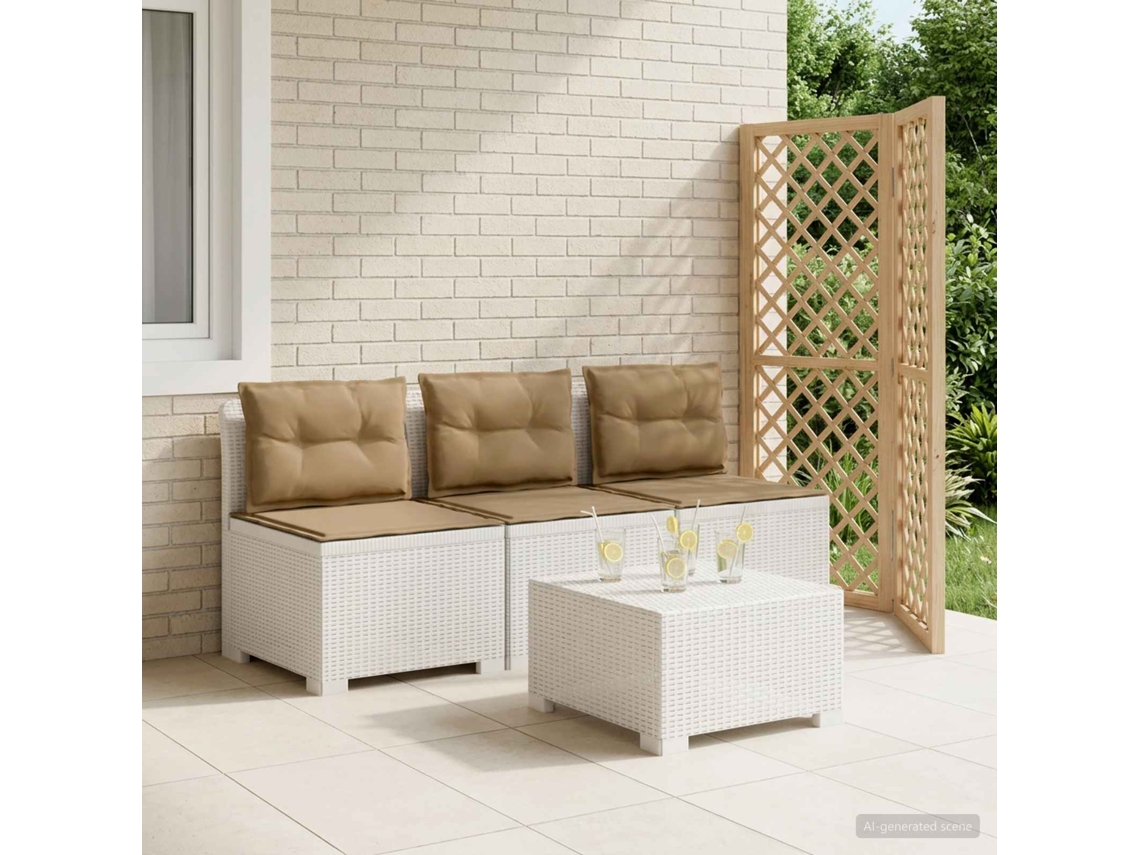 Vidaxl Sofá De Jardim 3 Lugares Com Almofadas Visual Rattan Pp Branco