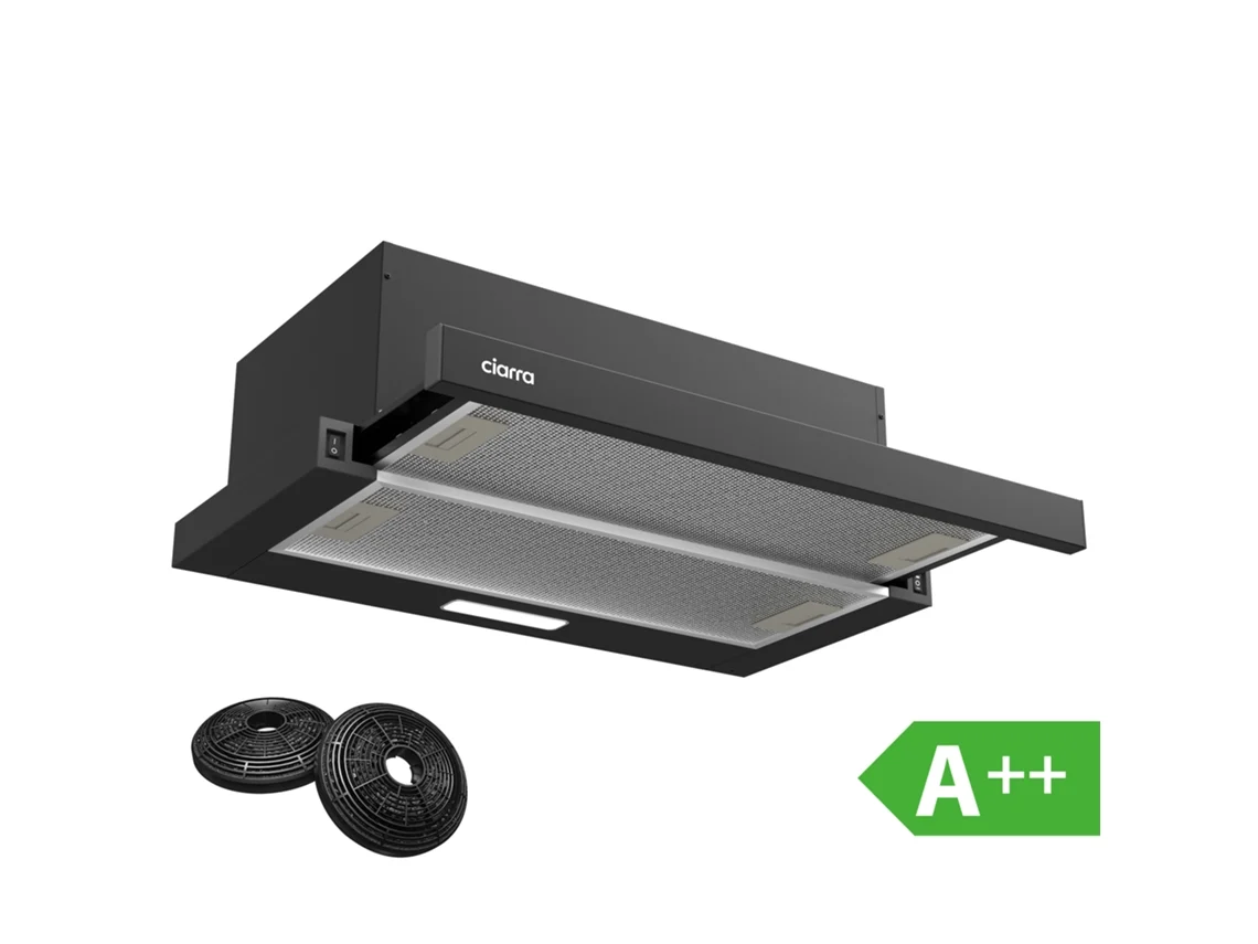 Exaustor Ciarra Telescópico A++ 60cm 370m³/h Recirculação Com Filtros De Carvão Rocker Button Preto Cd6906db