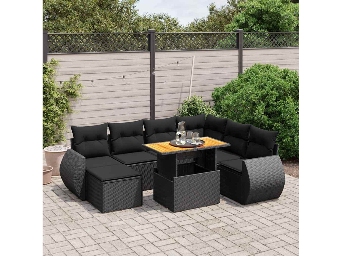 Vidaxl 8 Pcs Conjunto Sofás De Jardim Com Almofadões Vime Pe Preto