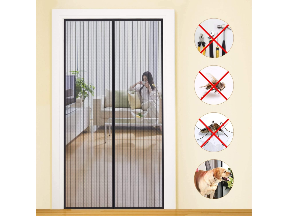 Porta De Tela Magnética De 90x210 Cm, Malha Ultrafina, Fechamento Automático, Instalação Sem Perfuração, Preta Zeuxo