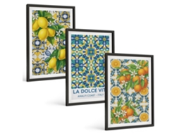 Composição De Quadros Limões, Flores, Laranjas, Itália Moldura Preta Pinturas De Quarto Espelharte (3 Piezas De 40x60 Cm)