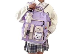 Mochila Escolar Cute Kawaii Para Meninas Com Pins E Acessórios (roxa)