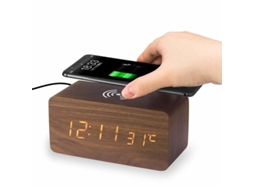 Despertador digital LED Brilvibera com carregamento sem fio, marrom