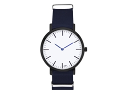 Relógio de casal moderno com pulseira de nylon, mostrador redondo e quartzo azul royal.