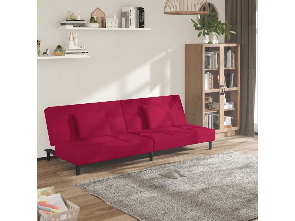 Sofá Cama HARLANV1 com duas almofadas veludo vermelho tinto