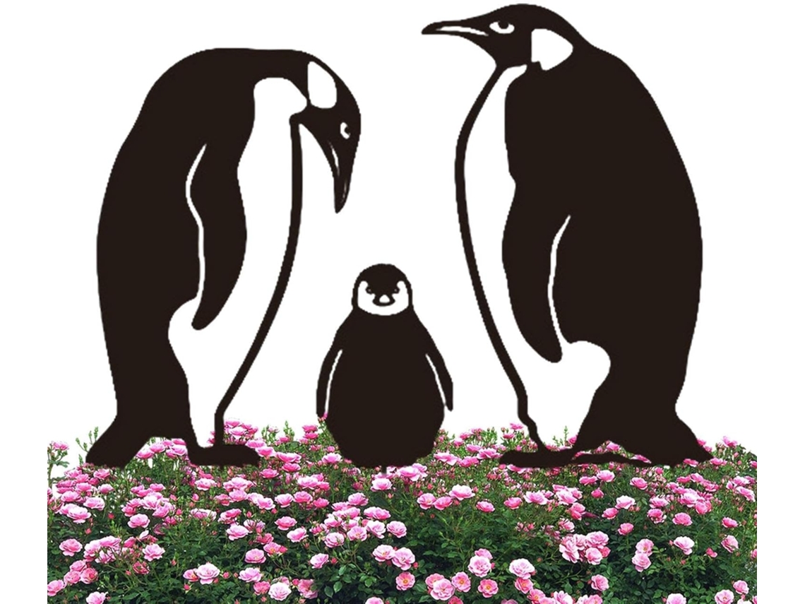 Pinguins de Metal Preto para Jardim, Estacas Rústicas Horizontais com Família de Pinguins, Decoração para Gramados CHABERLU