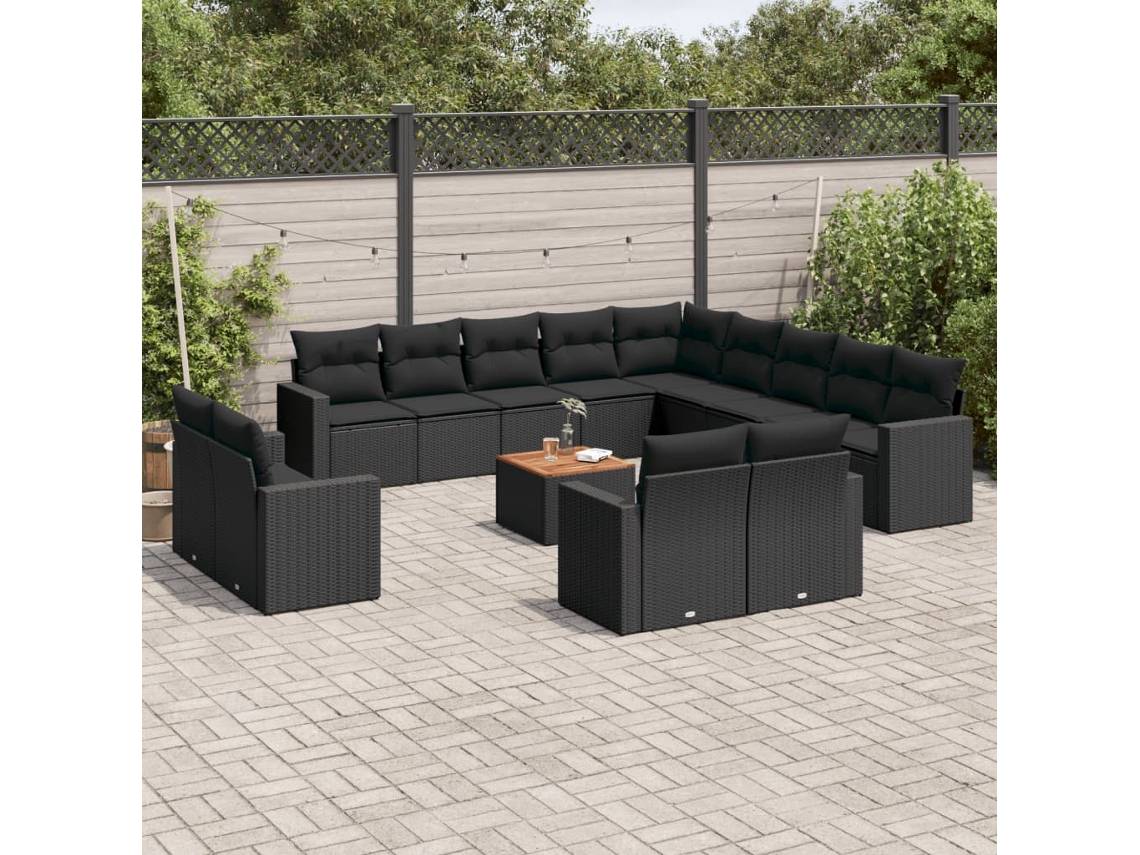 Vidaxl 14 Pcs Conjunto De Sofás P/ Jardim C/ Almofadões Vime Pe Preto
