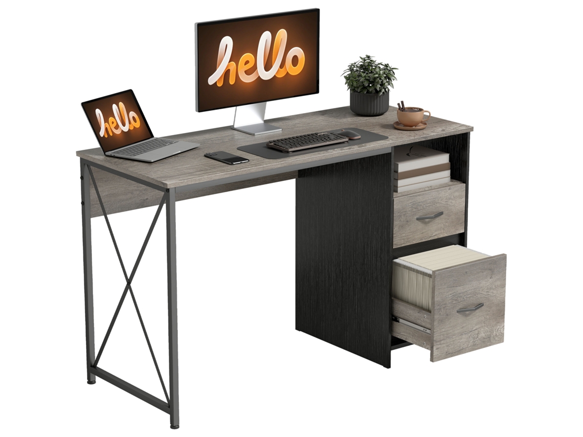 Mesa de computador industrial cinza claro 120x50cm com compartimento e 2 gavetas | S/MARCA