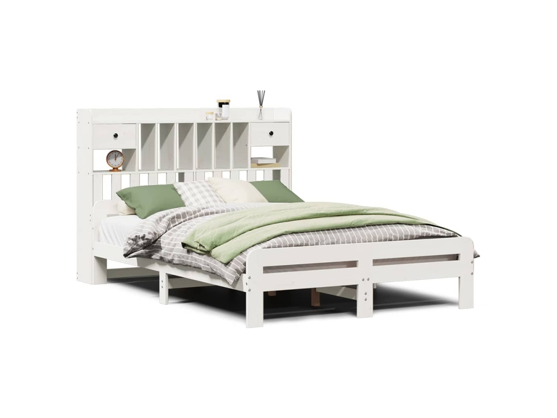 Cama com Estante Pinho Maciço Branco MAISON EXCLUSIVE (140x200 cm)