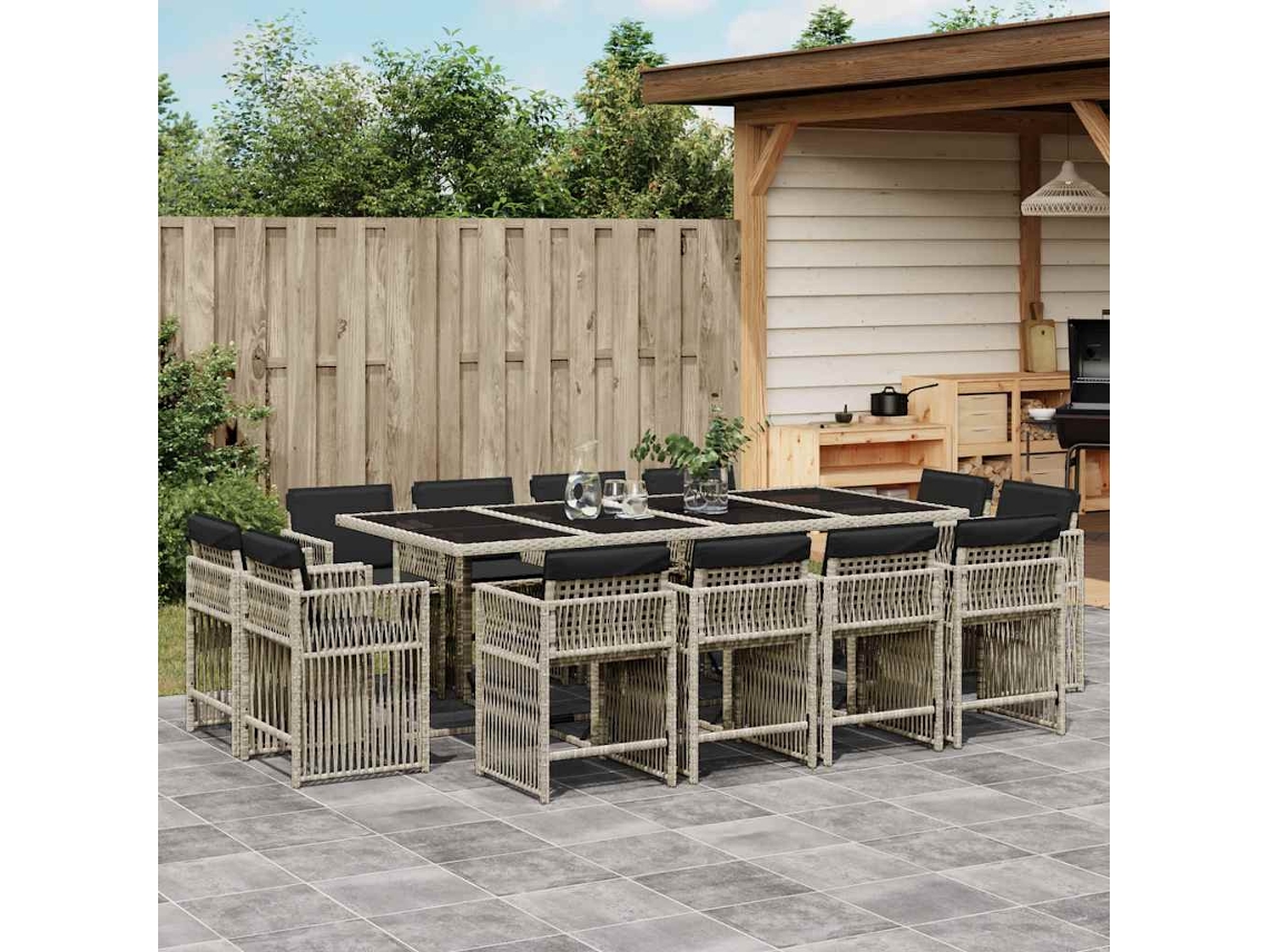 Vidaxl 13 Pcs Conj. Jantar Jardim C/ Almofadões Vime Pe Cinzento-claro