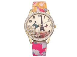 Relógio Feminino Vansvar Pulseira de Couro Pu Quartzo Strass Padrão Torre Eiffel Vermelho