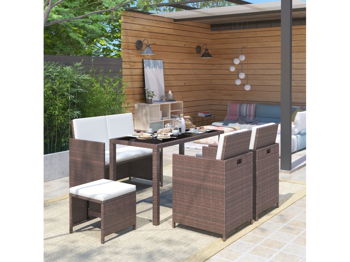 Conjunto Jantar Para Jardim C/ Almofadões 6 Pcs Vime Castanho Dkd Home Decor