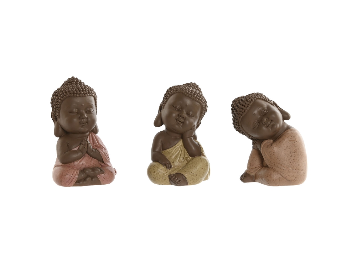 Figura Decorativa HOME ESPRIT Laranja Coral Lima Resina Buda Oriental 8 x 8 x 12,5 cm (3 Unidades)