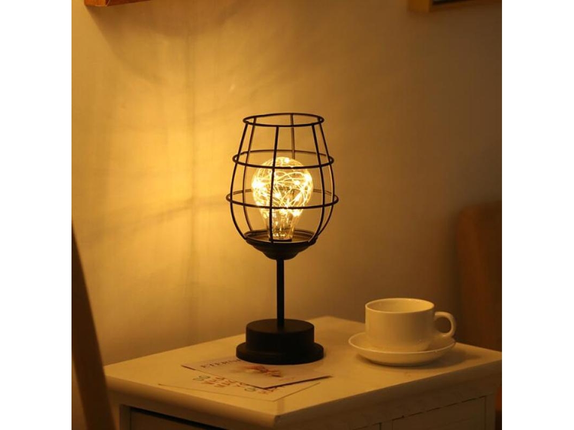 Candeeiro de Mesa de Fio de Metal Preto Luz Noturna Moderna Estilo Gaiola de Ferro Abajur Retrô de Cabeceira Luz Lateral Operada Por Bateria