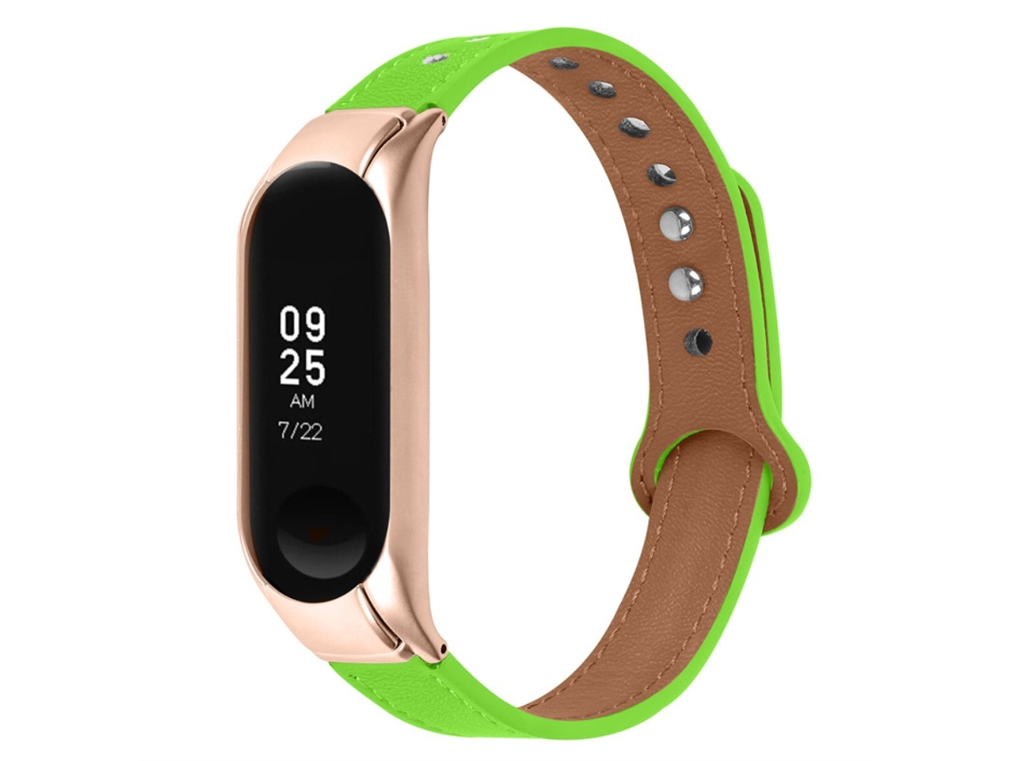 Bracelete de Couro Genuíno com Rebite Duplo Ouro Rosa para Xiaomi Mi Band 5/6 Verde Fluorescente