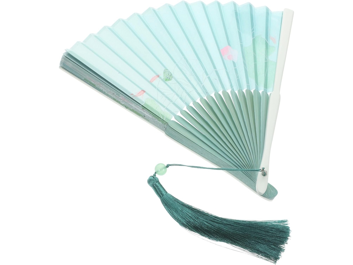 Leque dobrável chinês vintage, estilo asiático, com borla, para dança e apresentações, bambu e seda.