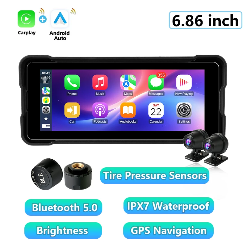 (carplay Dvr Tpms) Navegação Para Motocicleta De 6,86 Polegadas, Carplay Sem Fio, À Prova D'água.