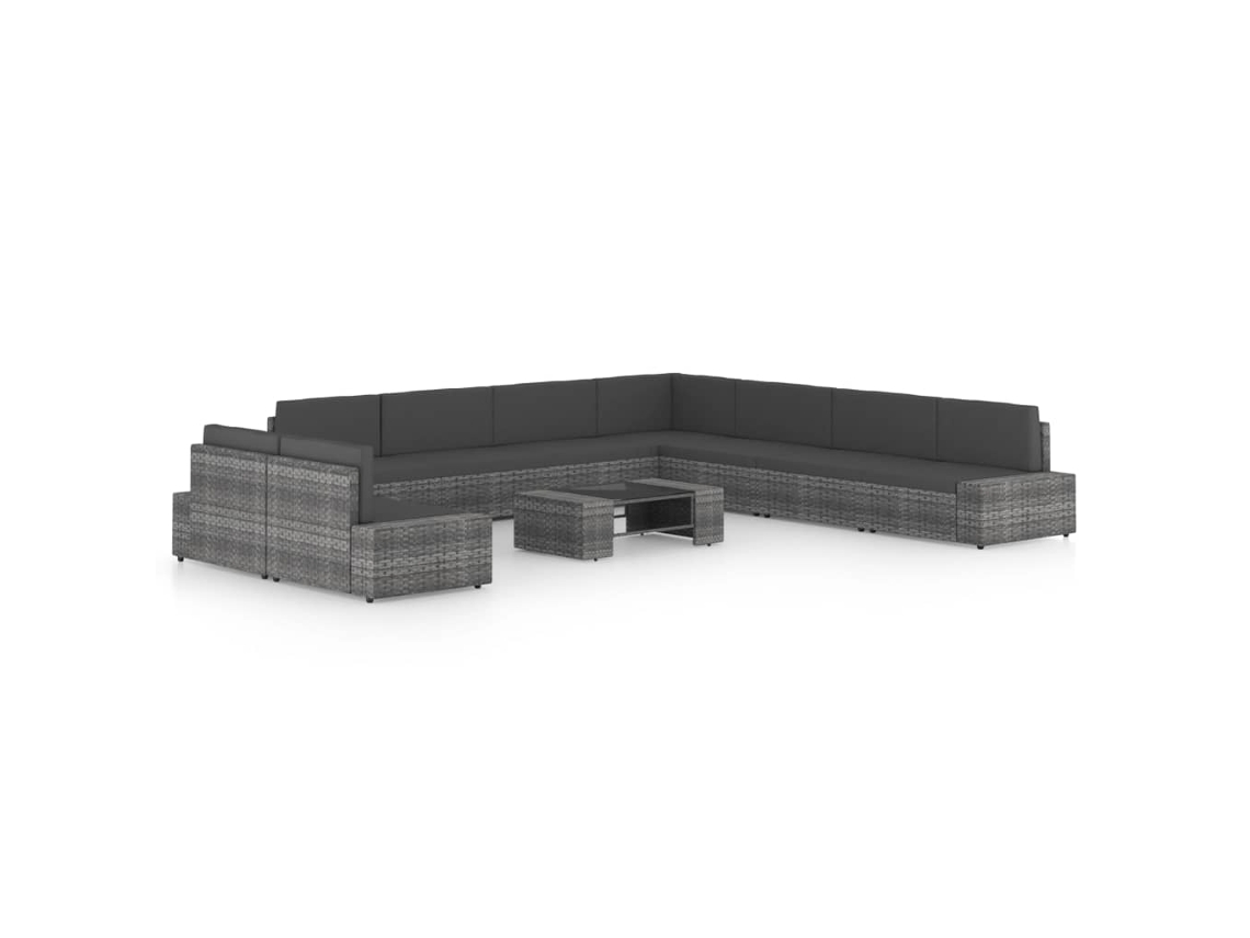 Vidaxl 10 Pcs Conjunto Lounge De Jardim C/ Almofadões Vime Pe Cinzento