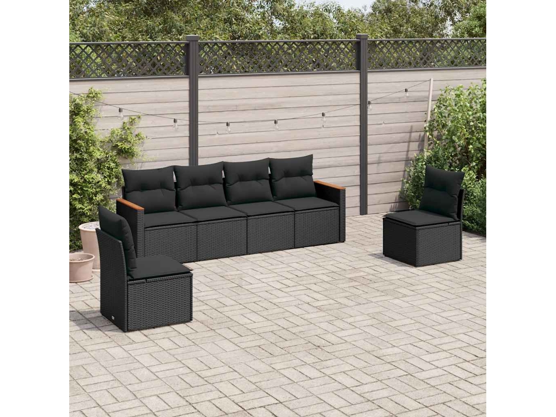 Vidaxl 6 Pcs Conjunto Sofás De Jardim C/ Almofadões Vime Pe Preto