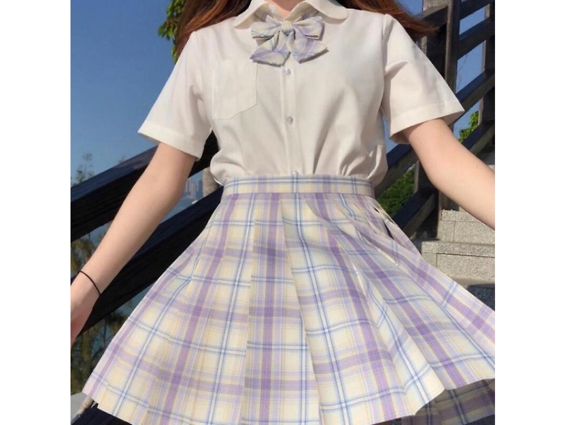 Saia plissada xadrez japonesa estilo uniforme escolar com ombros altos e corte em A da Nowcos para mulheres, tamanho G (L) com estrela.