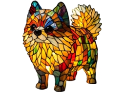 Luminária de mesa em resina com vitral em formato de cachorrinho, estilo noturno.