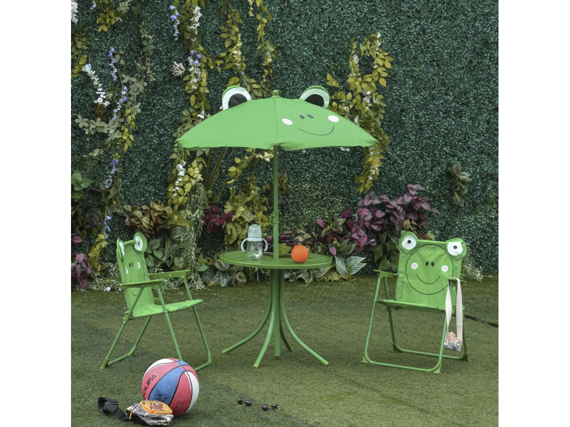 Conjunto De Mesa De Jardim Com 2 Cadeiras Dobráveis, Guarda-sol Infantil, Metal E Poliéster, Verde