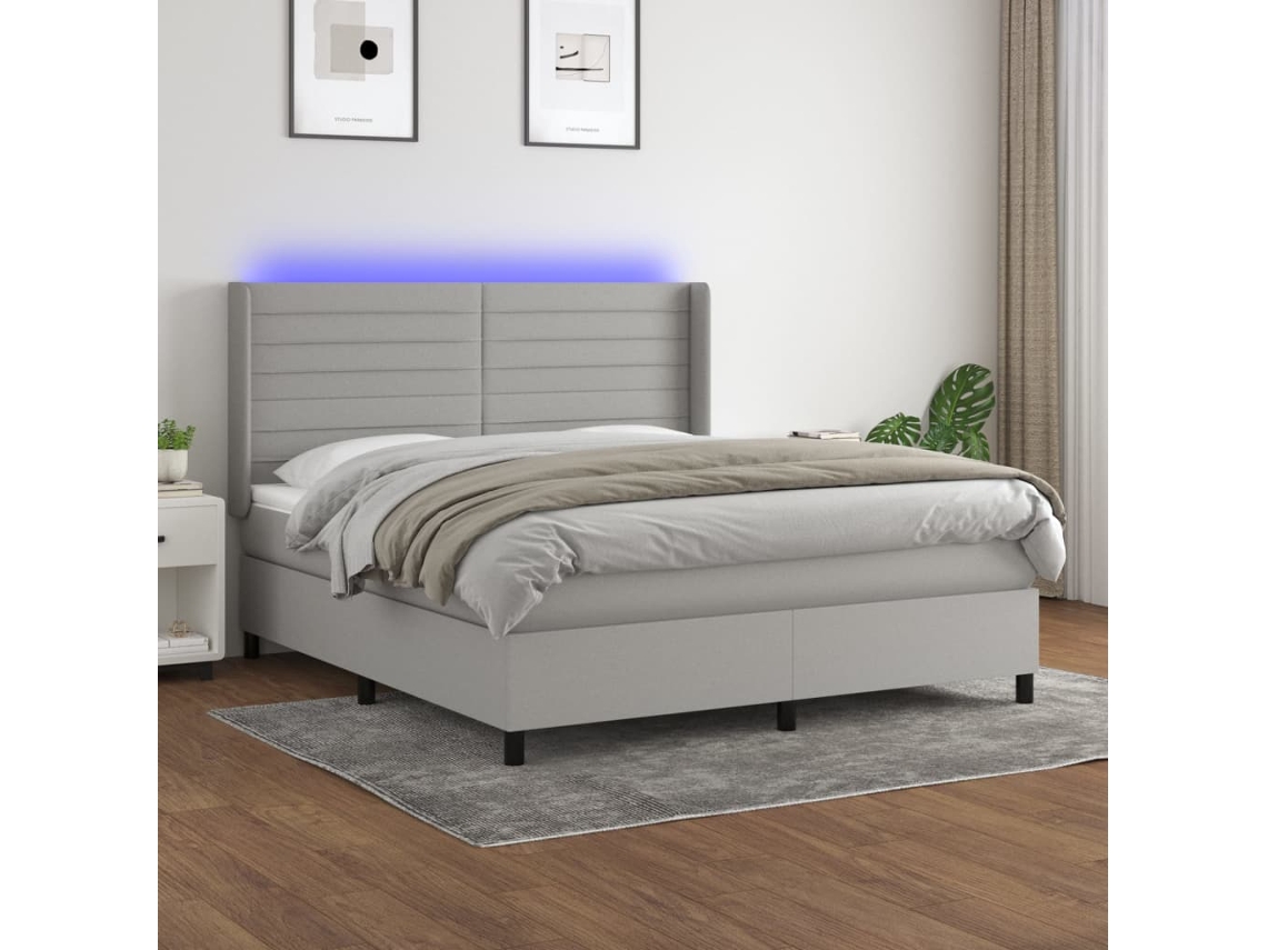Vidaxl Cama Box Spring C/ Colchão E Led 180x200 Cm Tecido Cinza-claro