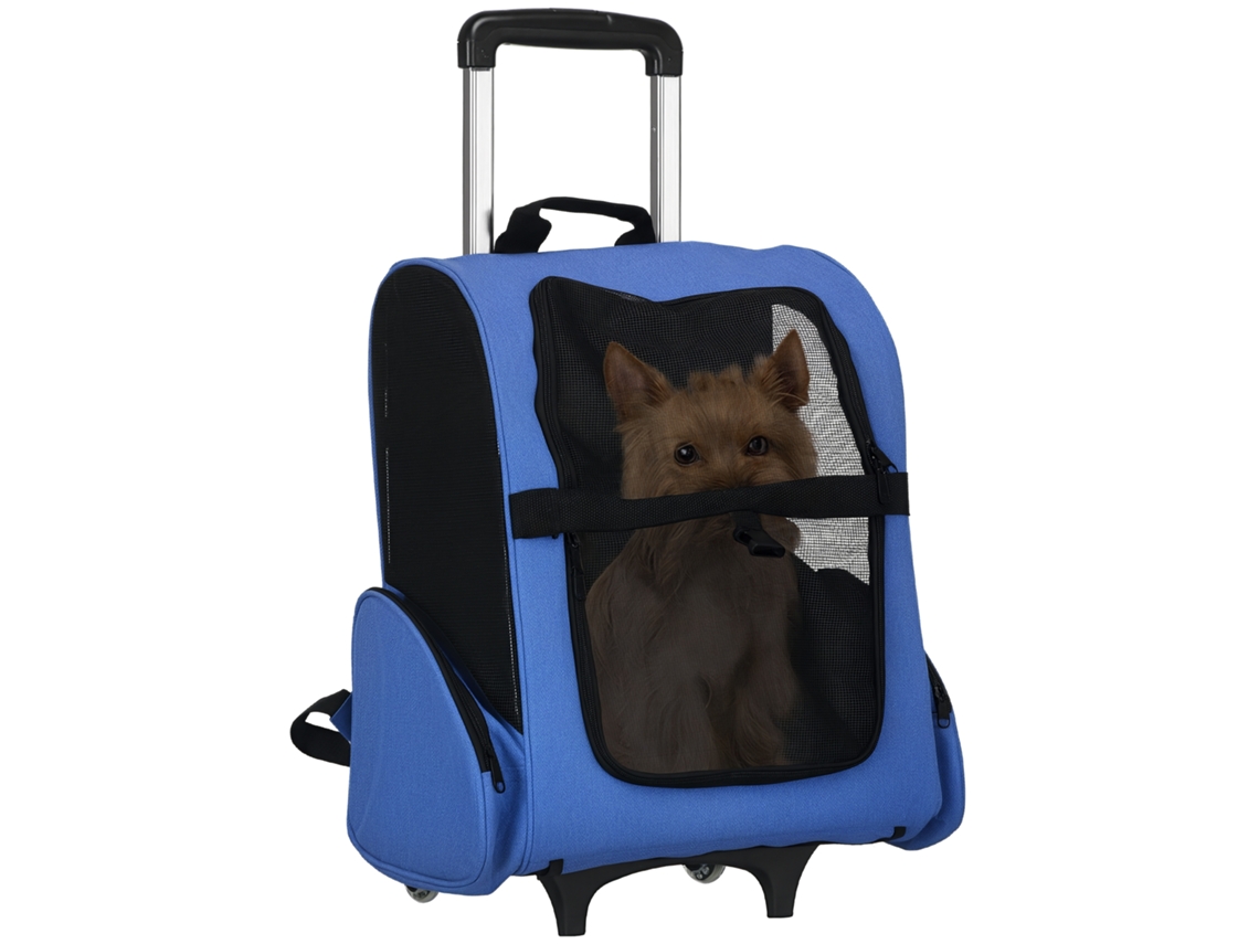 Transportadora 2 em 1 para Cães e Gatos com Bolsos Laterais, Alça Telescópica e Rodas, 42x25x55cm, Azul Ge