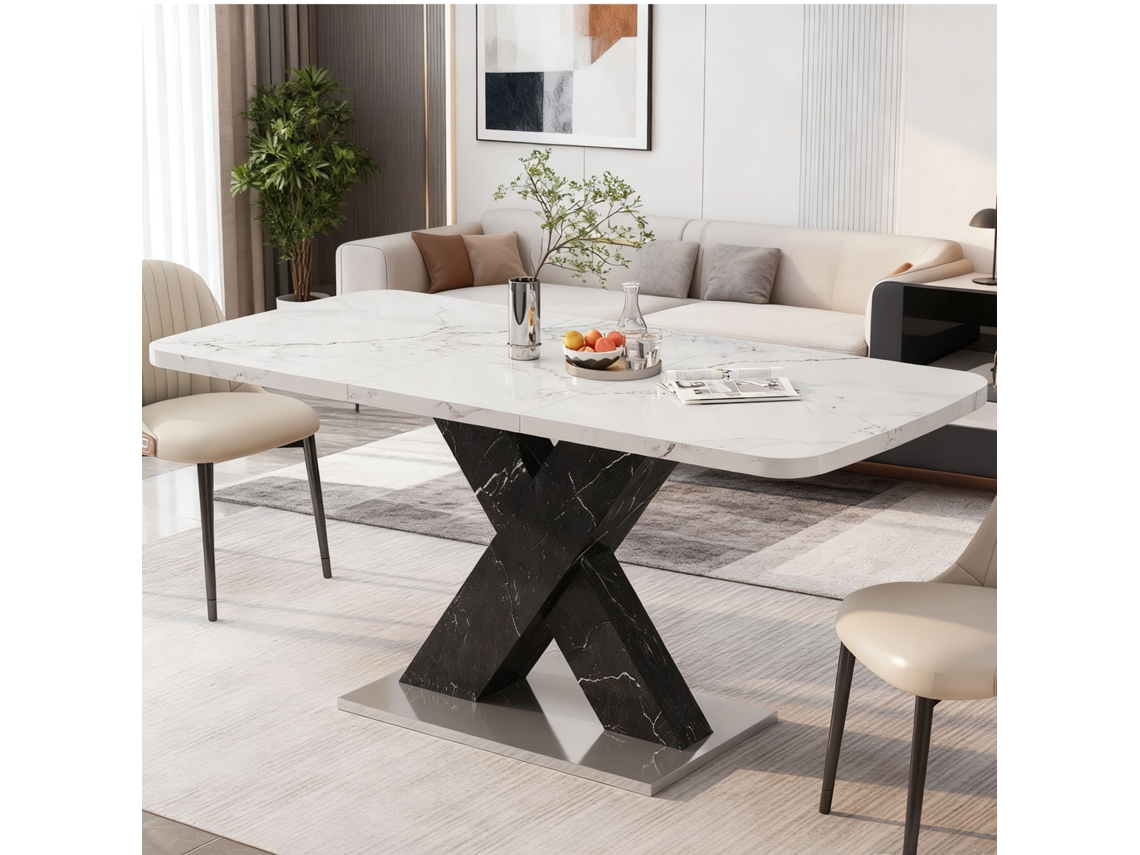 Mesa Jantar Extensível 120-160cm Mármore Branco Pés X Preto