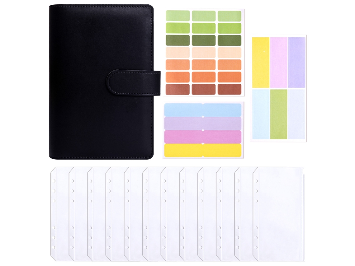 A6 Ring Binder Cash Budget Notebook Financial Planner, Macaron Style, Black With 12-zipper Bags And Sticky Labels