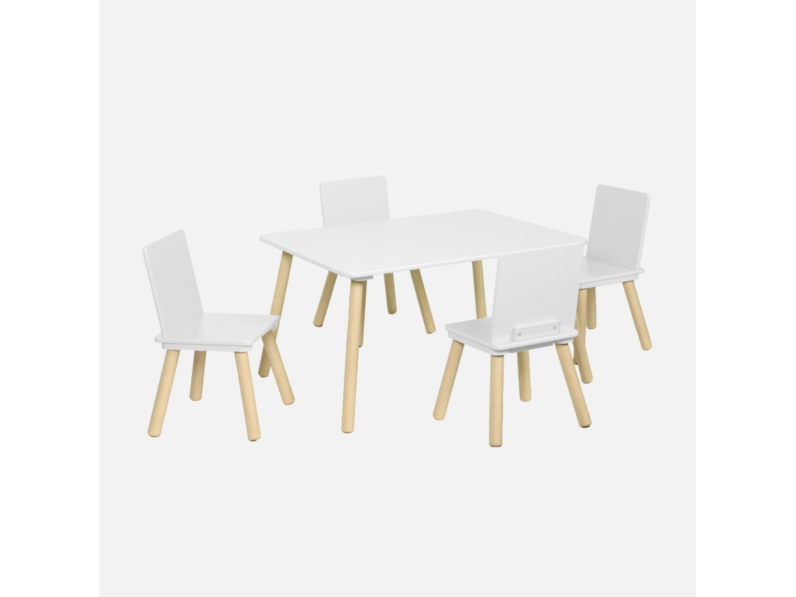 Mesa Infantil Retangular Em Madeira De Pinho Com 4 Cadeiras, Branco
