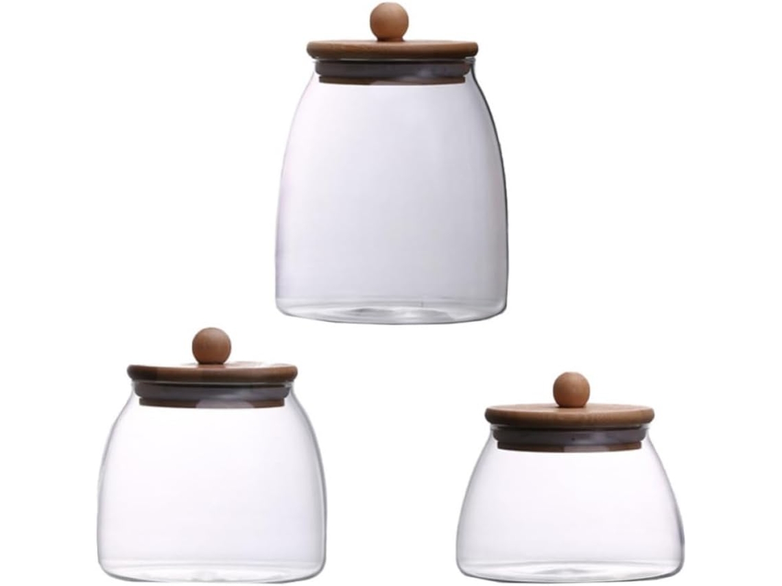 Conjunto De 3 Potes Vidro Herméticos Para Grãos, Com Tampas De Madeira, Resistentes A Baixas Temperaturas, Ideais Para