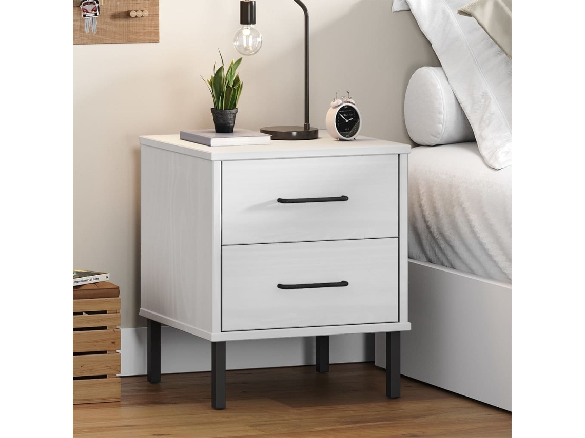 Vidaxl Mesa Cabeceira C/ Pernas De Metal Oslo Pinho Maciço Branco