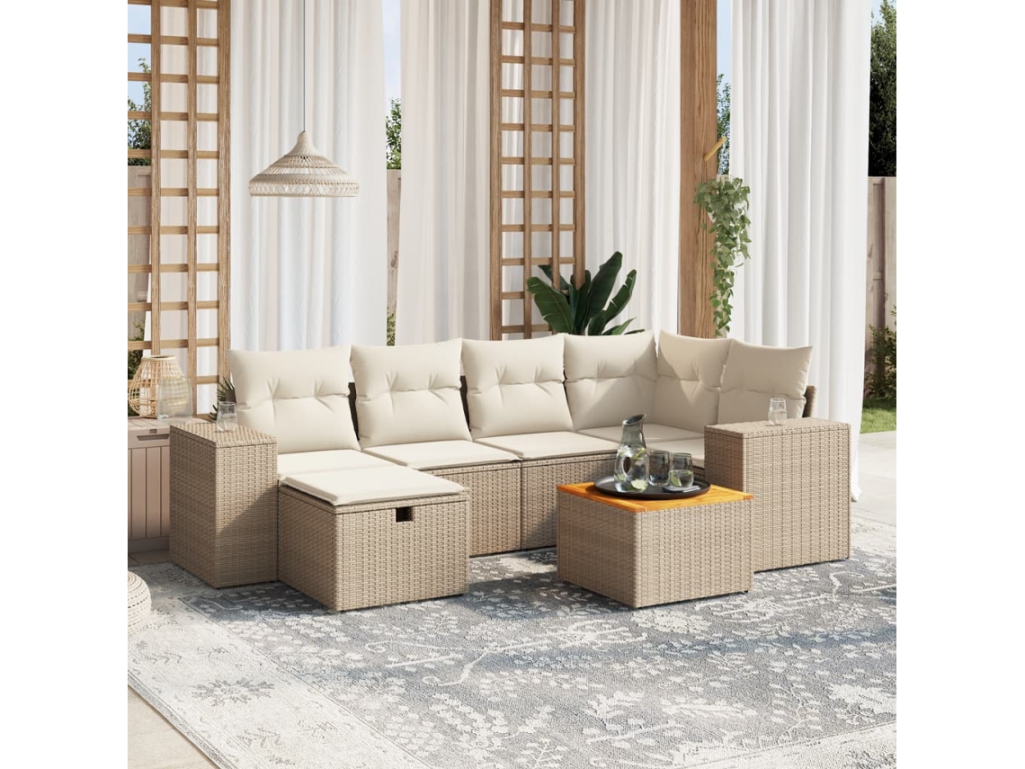 Vidaxl 7 Pcs Conjunto De Sofás P/ Jardim Com Almofadões Vime Pe Bege