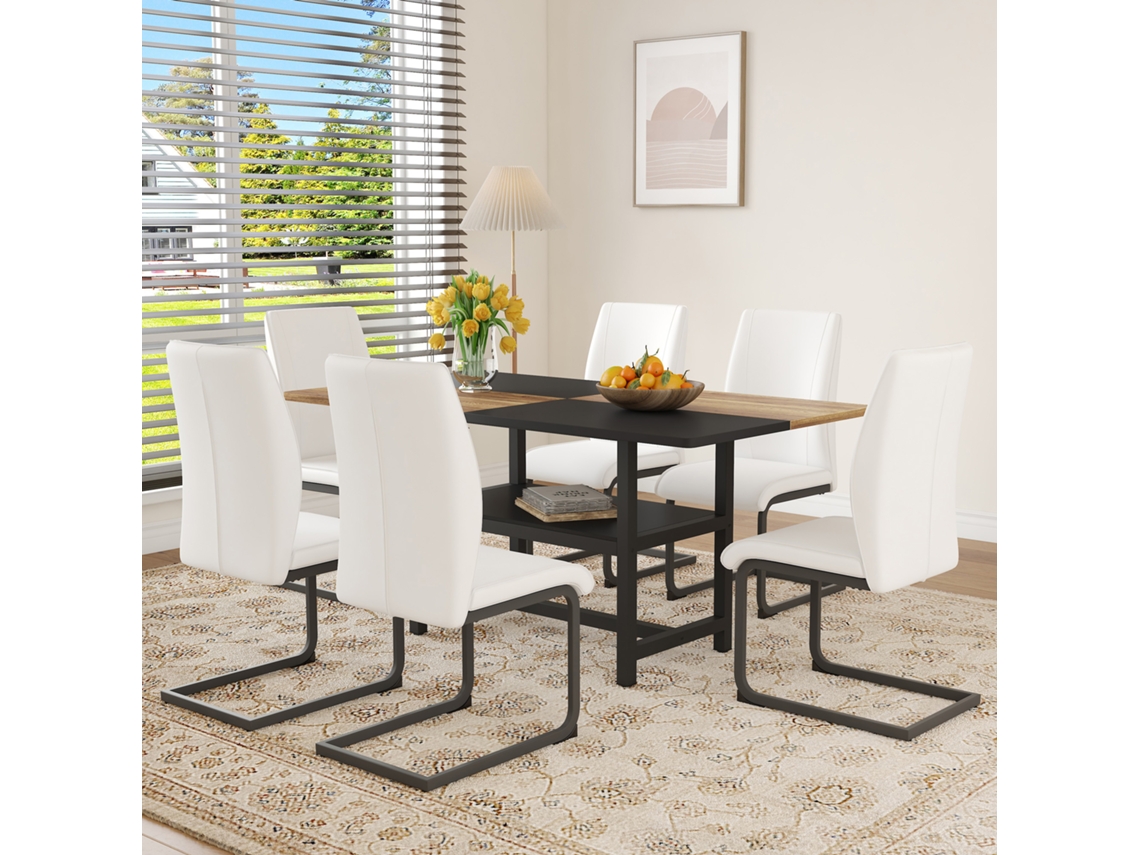 Conjunto Mesa Retangular 160cm Com 6 Cadeiras Brancas Com Braços e Prateleira para Sala e Cozinha