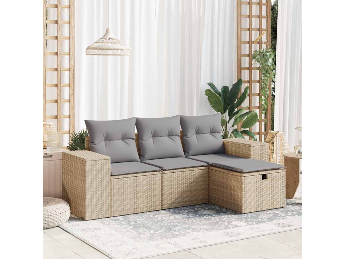 Vidaxl 4 Pcs Conjunto De Sofás Para Jardim C/ Almofadões Vime Pe Bege