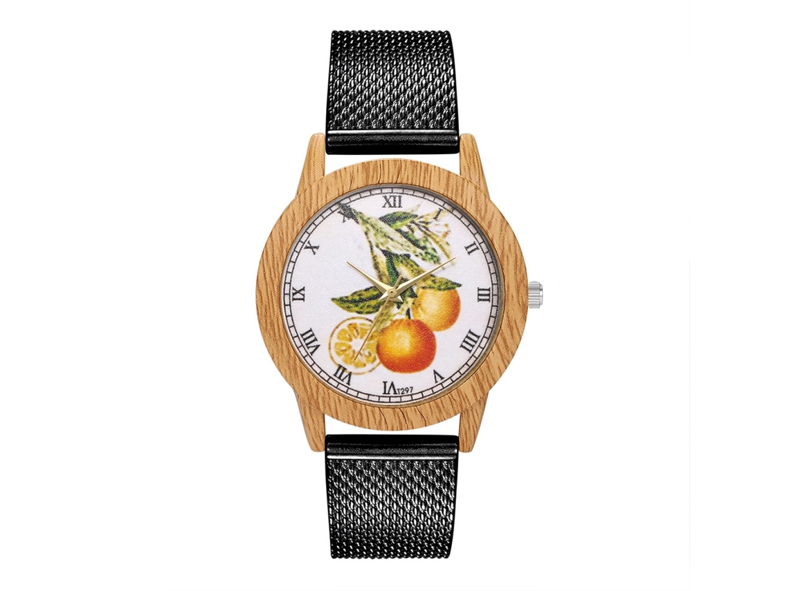 Relógio unissex Zhoulianfa, mostrador com estampa de frutas, pulseira de malha, movimento analógico de quartzo, preto.