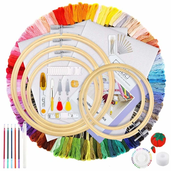 Kit de Bordado com 154 Peças, 100 Fios Coloridos, 5 Bastidores de Bambu e Ferramenta para Ponto Cruz. AQUAFORGE