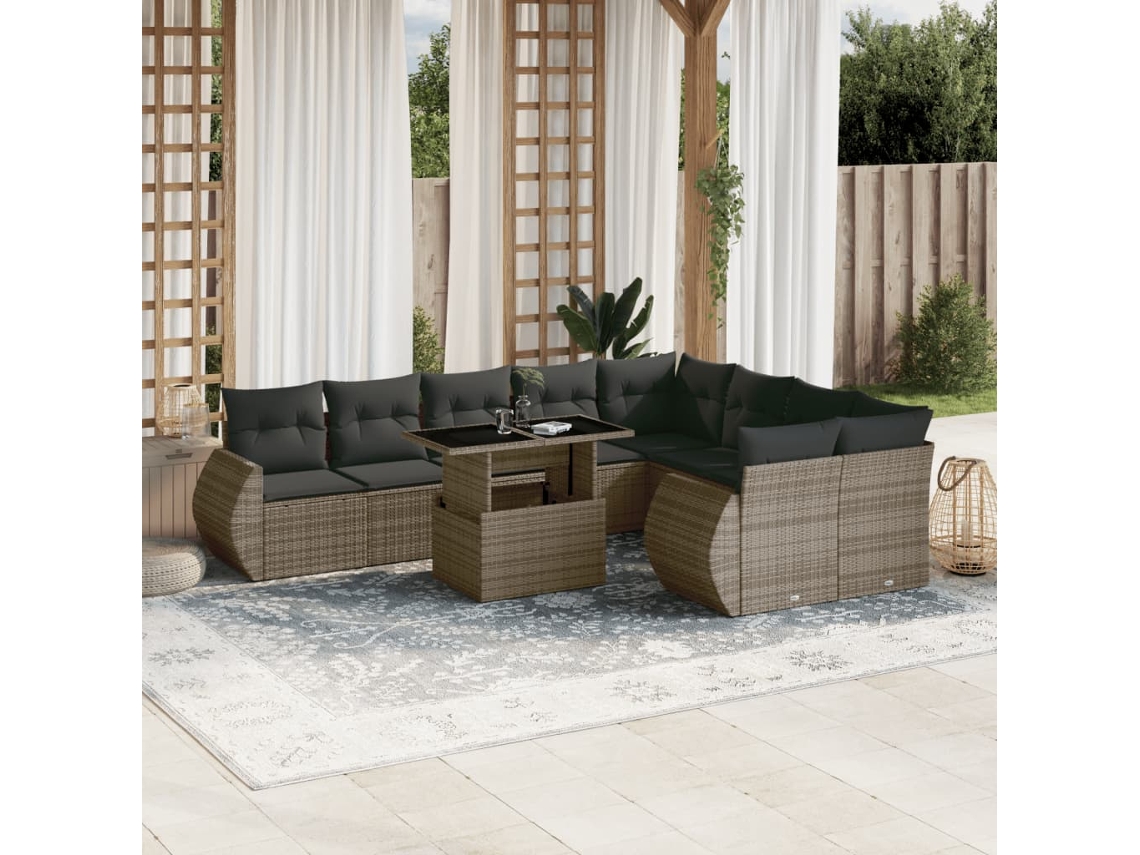 Vidaxl 10 Pcs Conjunto Sofás De Jardim C/ Almofadões Vime Pe Cinzento