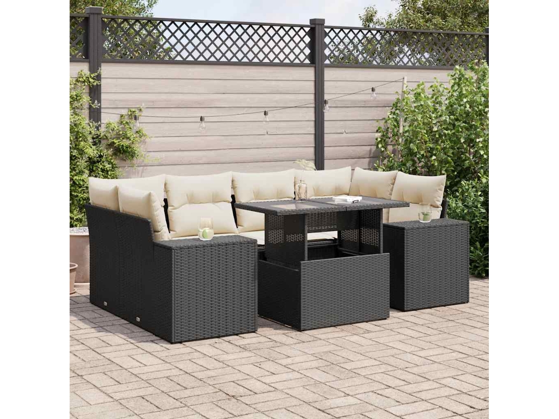 Vidaxl 7 Pcs Conjunto De Sofás P/ Jardim C/ Almofadões Vime Pe Preto